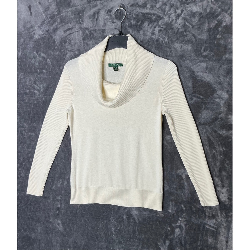 Lauren Ralph Lauren Cream Cowl Neck Ribbed Sleeve Cotton Modal Sweater Medium